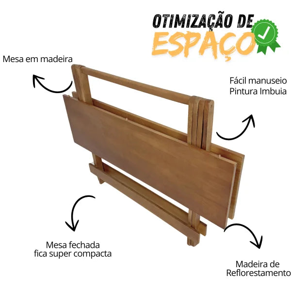 Kit Loja Para Casa - Mesa Dobrável de Madeira Maciça Envernizada com 4 Cadeiras - Design Elegante e Prático!